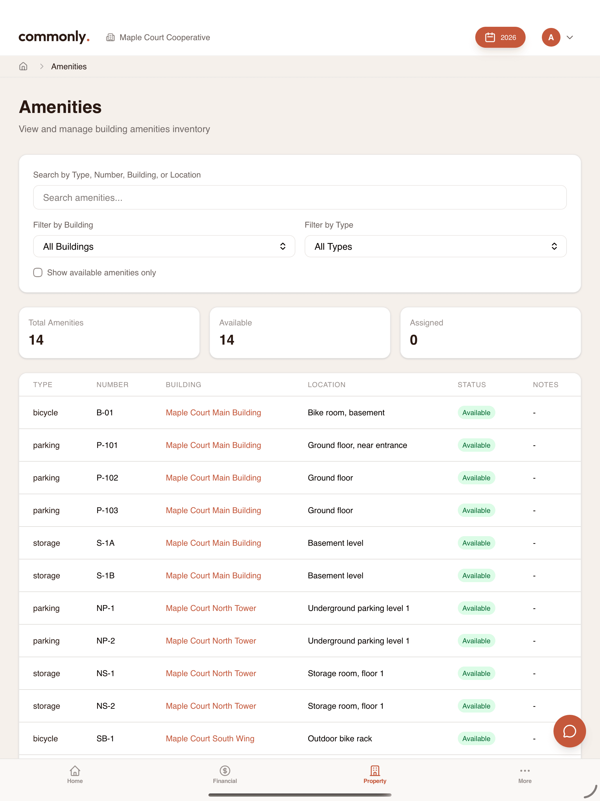 Amenity assignments for parking and storage