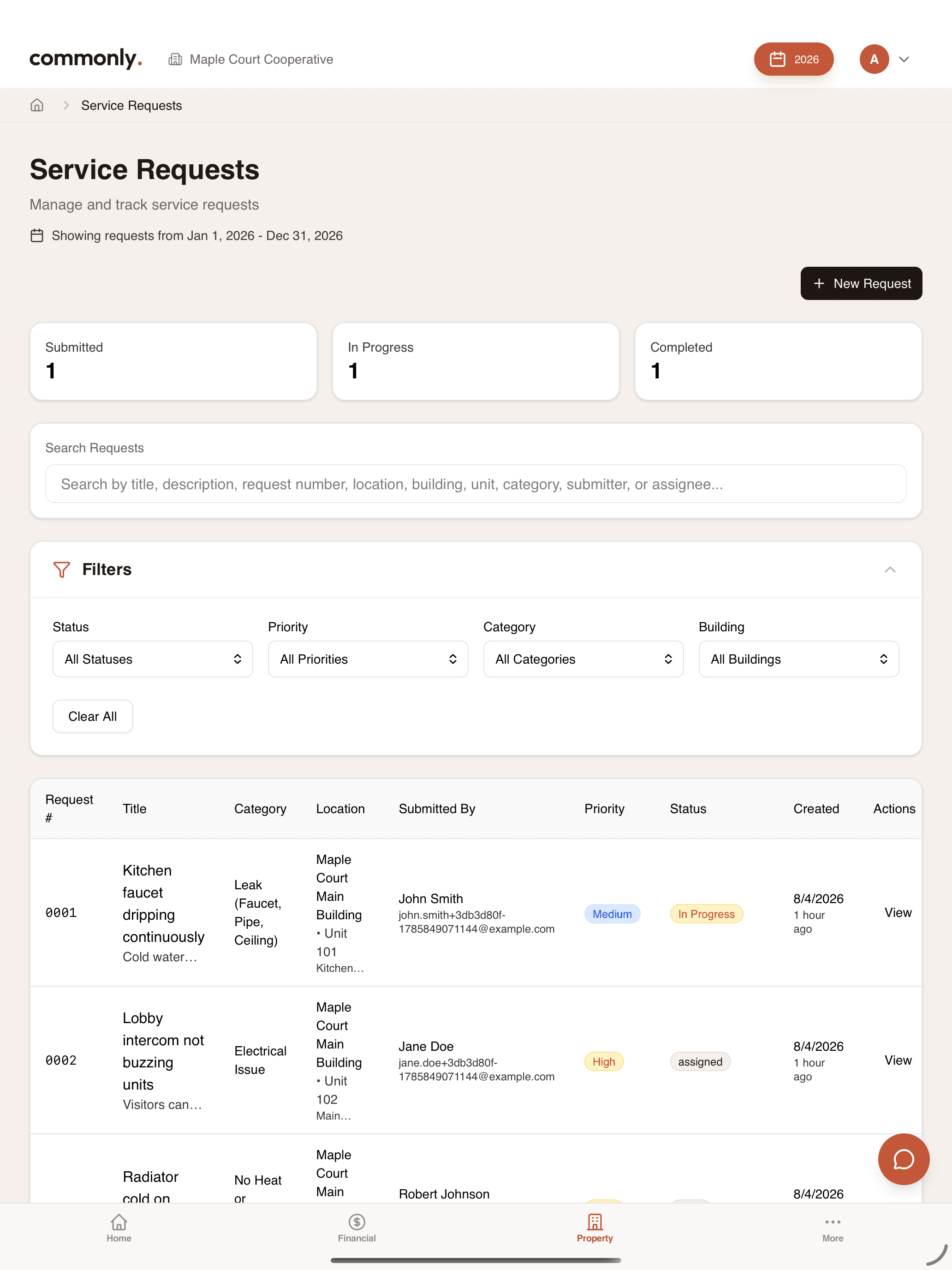 Service request list with status and priority